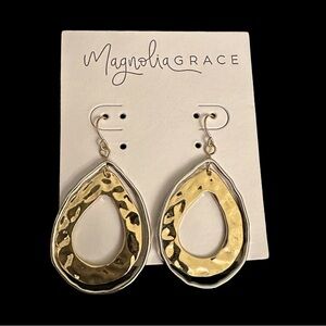 Magnolia Grace Teardrop Earrings Hammered Gold Tone Sleek Silver Tone NEW